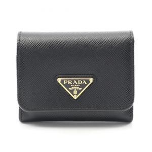 PRADA Saffiano Triangle Tri-fold Wallet Leather Women's Black 1MH044F0002